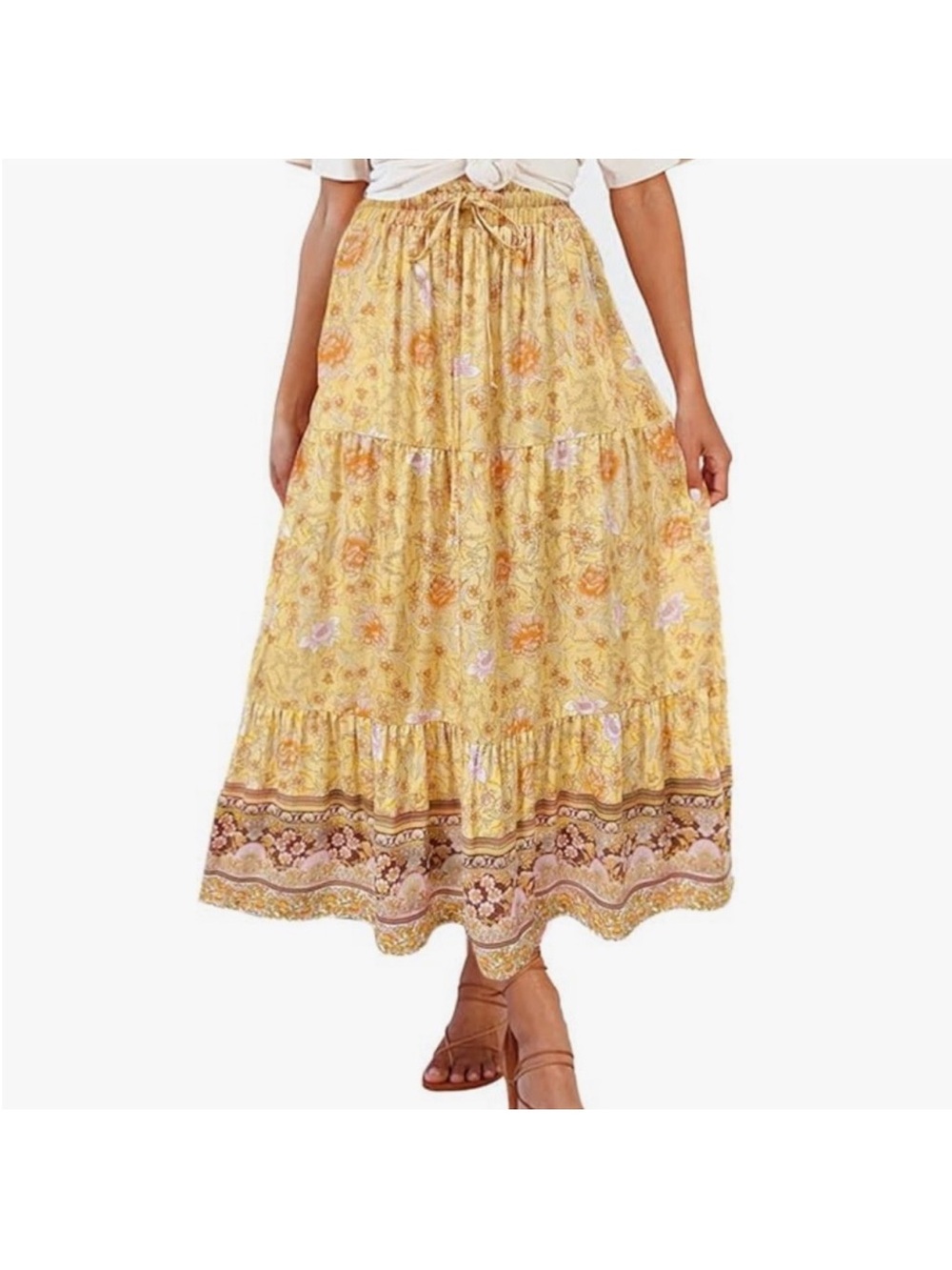 Boho Yellow Floral Tiered Maxi Skirt - Women